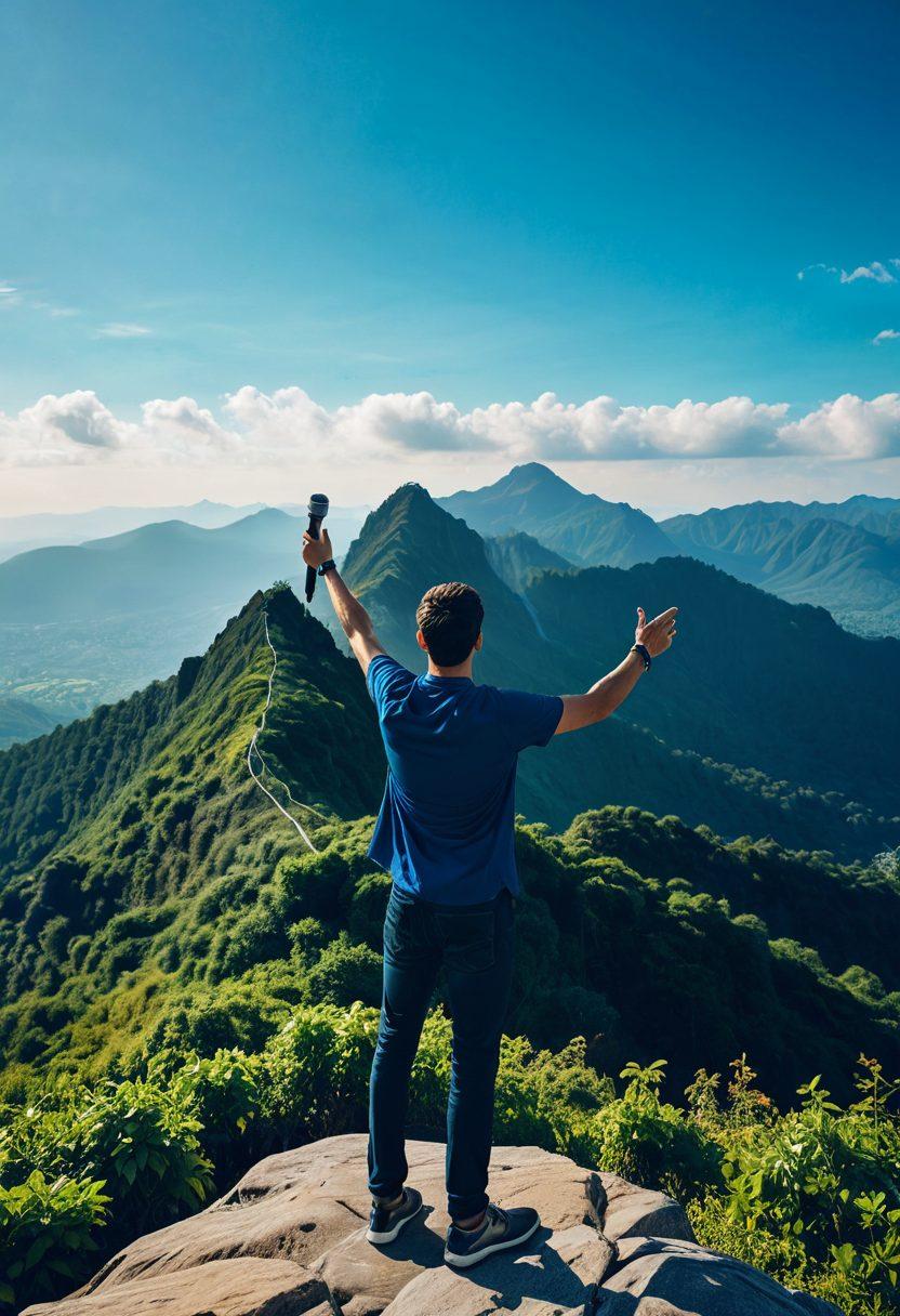 A vibrant scene depicting a person standing confidently on a mountaintop, speaking into a microphone, with colorful sound waves emanating from their voice. In the background, a diverse crowd is cheering and holding blogs and pens, symbolizing the influence of blogging. Lush greenery and a bright blue sky enhance the environment. Illustrate a sense of empowerment and creativity in the atmosphere. super-realistic. vibrant colors.