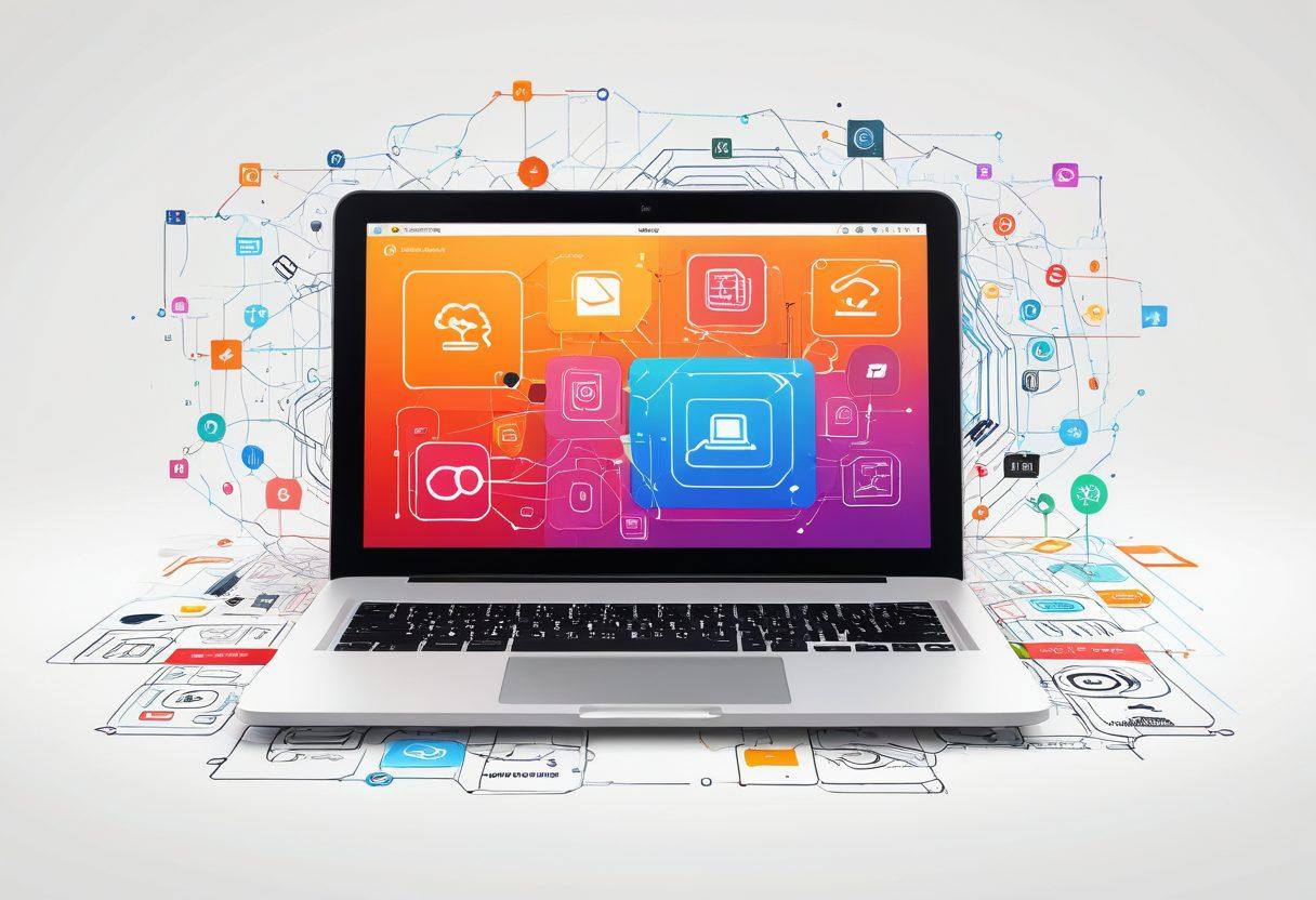 A digital map of a vibrant blogosphere, featuring various icons representing essential blogging tools and resources, like a laptop, camera, notepad, and analytics graph. The backdrop should include interconnected nodes and pathways leading to different genres of blogs, symbolizing exploration and navigation. Bright, engaging colors with a modern tech aesthetic to inspire creativity. super-realistic. vibrant colors. white background.