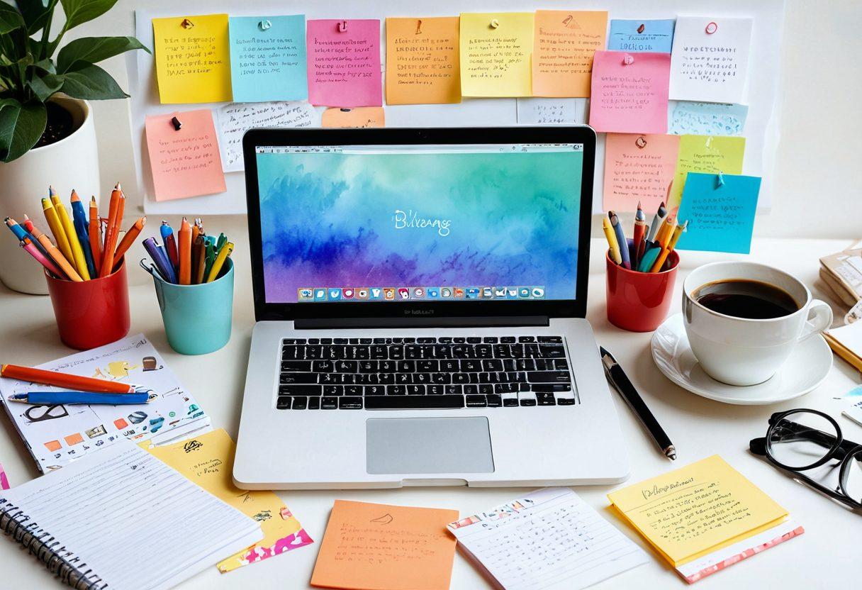 A vibrant desk scene featuring a laptop open to a blog page, surrounded by colorful stationary, a coffee cup, and inspirational quotes on sticky notes. Above the desk, visual representations of various lifestyle themes and niche topics float, symbolizing the journey from general writing to niche blogging. The background is a soft, dreamy watercolor blend, enhancing the creative atmosphere. super-realistic. vibrant colors. white background.